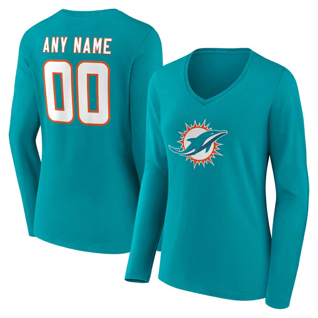 Miami Dolphins Women's Team Authentic Personalized Name & Number Long Sleeve V-Neck T-Shirt - Aqua T-shirts
