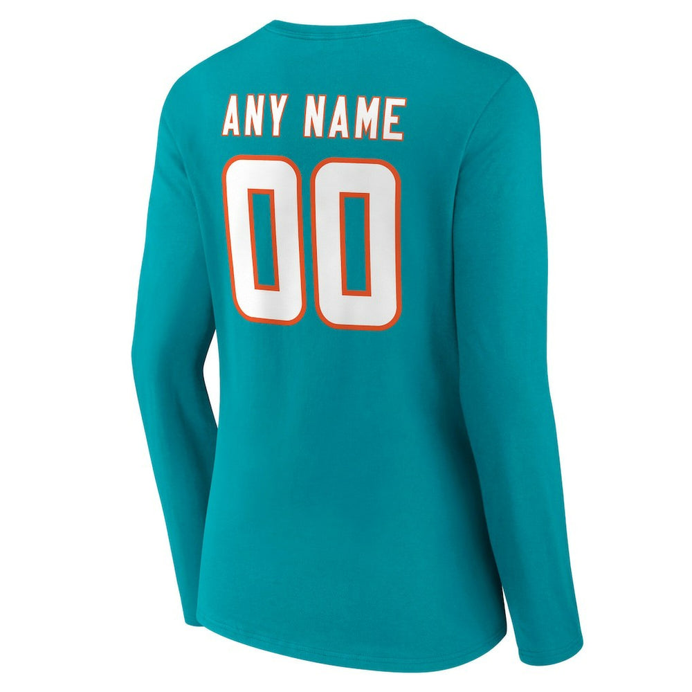 Miami Dolphins Women's Team Authentic Personalized Name & Number Long Sleeve V-Neck T-Shirt - Aqua T-shirts