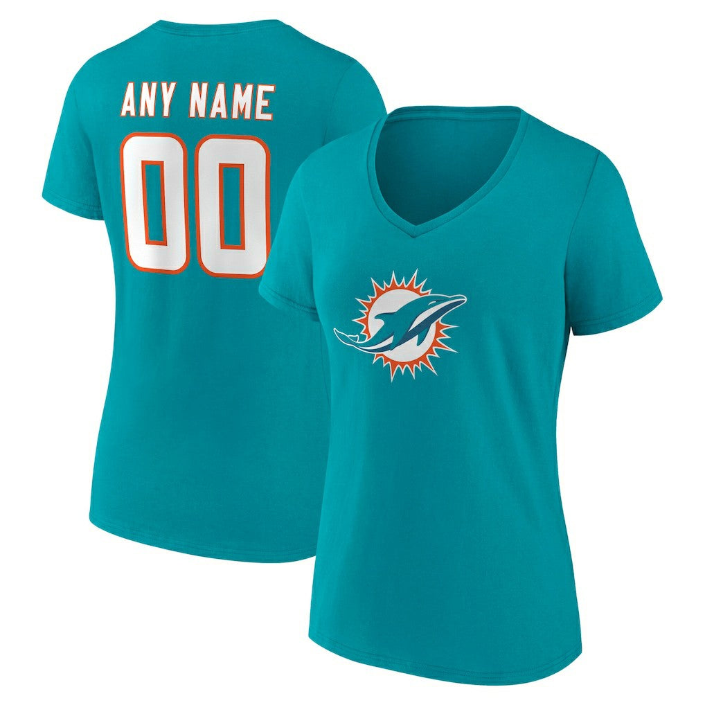 Miami Dolphins Women's Team Authentic Personalized Name & Number V-Neck T-Shirt - Aqua T-shirts