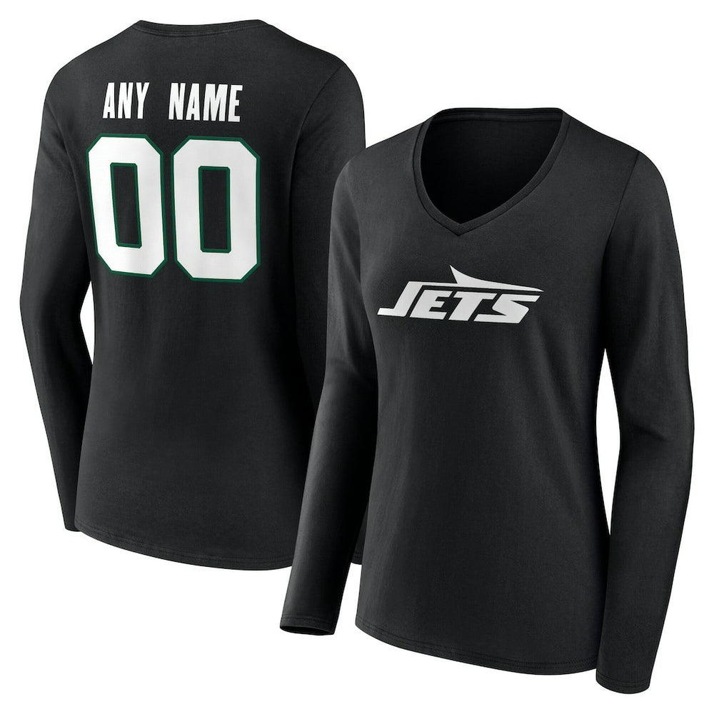 New York Jets Women's Team Authentic Personalized Name & Number Long Sleeve V-Neck T-Shirt - Black T-shirts