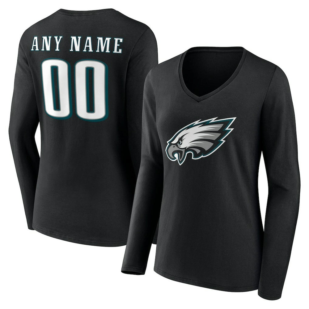 Philadelphia Eagles Women's Team Authentic Personalized Name & Number Long Sleeve V-Neck T-Shirt - Black T-shirts