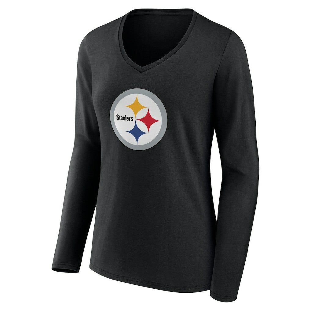 Pittsburgh Steelers Women's Team Authentic Personalized Name & Number Long Sleeve V-Neck T-Shirt - Black T-shirts
