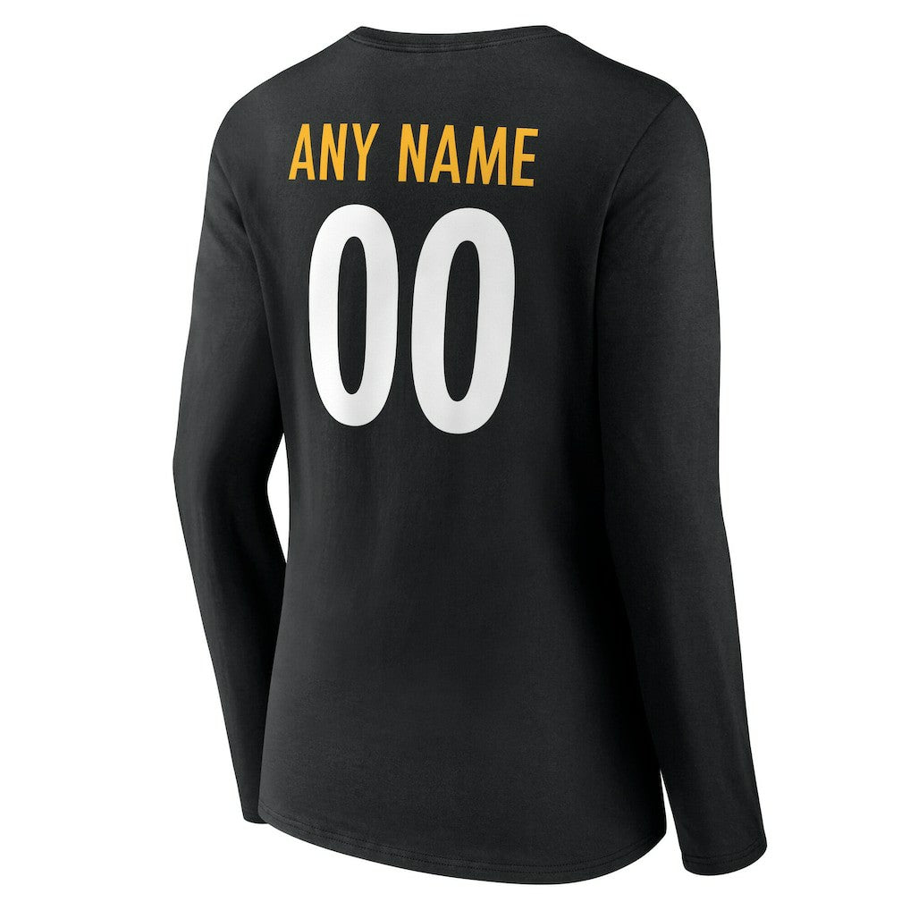 Pittsburgh Steelers Women's Team Authentic Personalized Name & Number Long Sleeve V-Neck T-Shirt - Black T-shirts