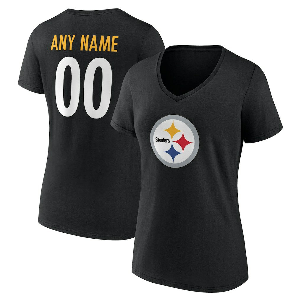 Pittsburgh Steelers Women's Team Authentic Personalized Name & Number V-Neck T-Shirt - Black T-shirts