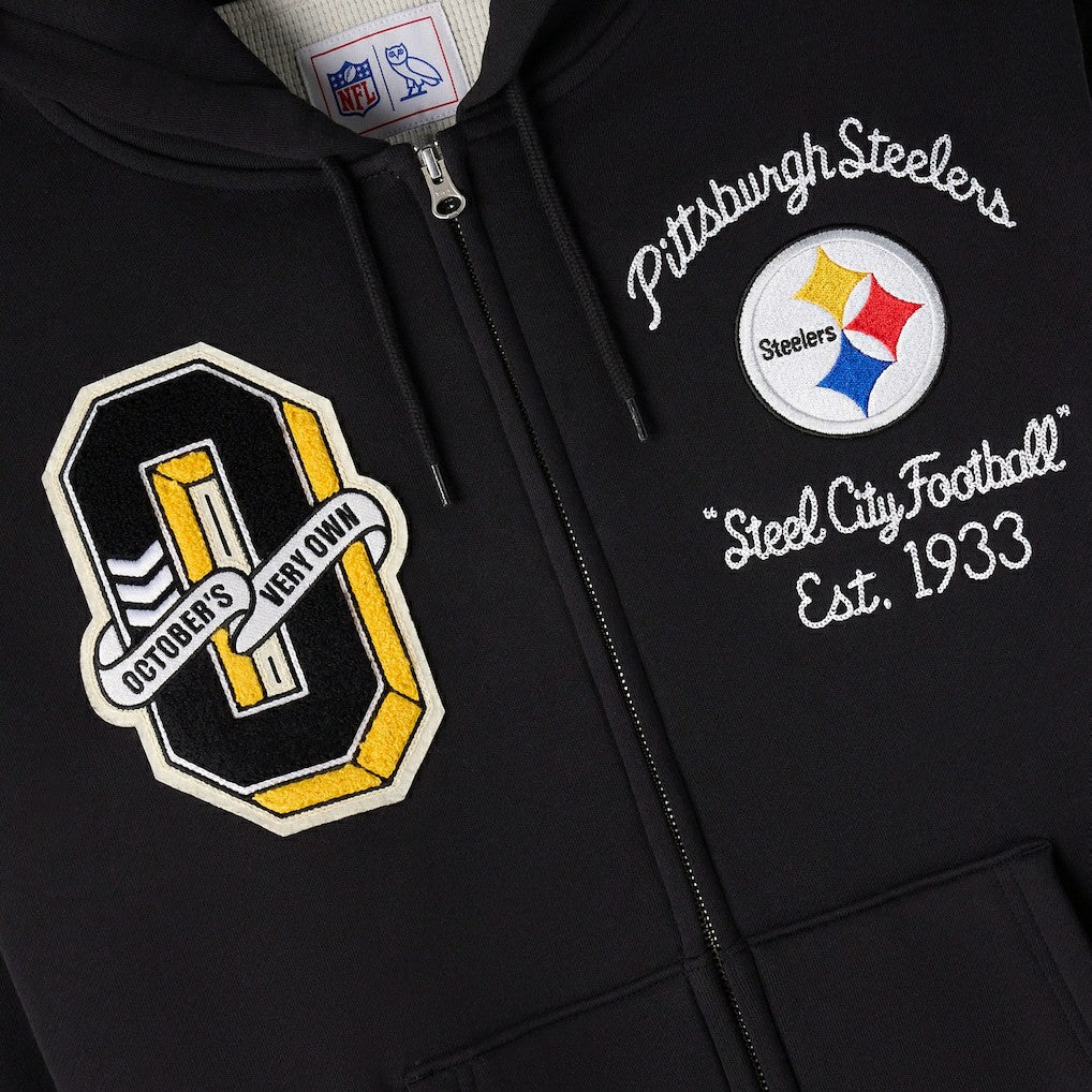 Pittsburgh Steelers OVO x NFL Unisex Full-Zip Waffle-Lined Hoodie - Black Hoodies