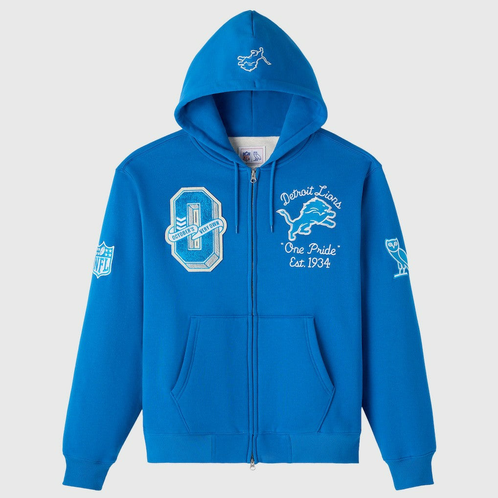Detroit Lions OVO x NFL Unisex Full-Zip Waffle-Lined Hoodie - Blue Hoodies