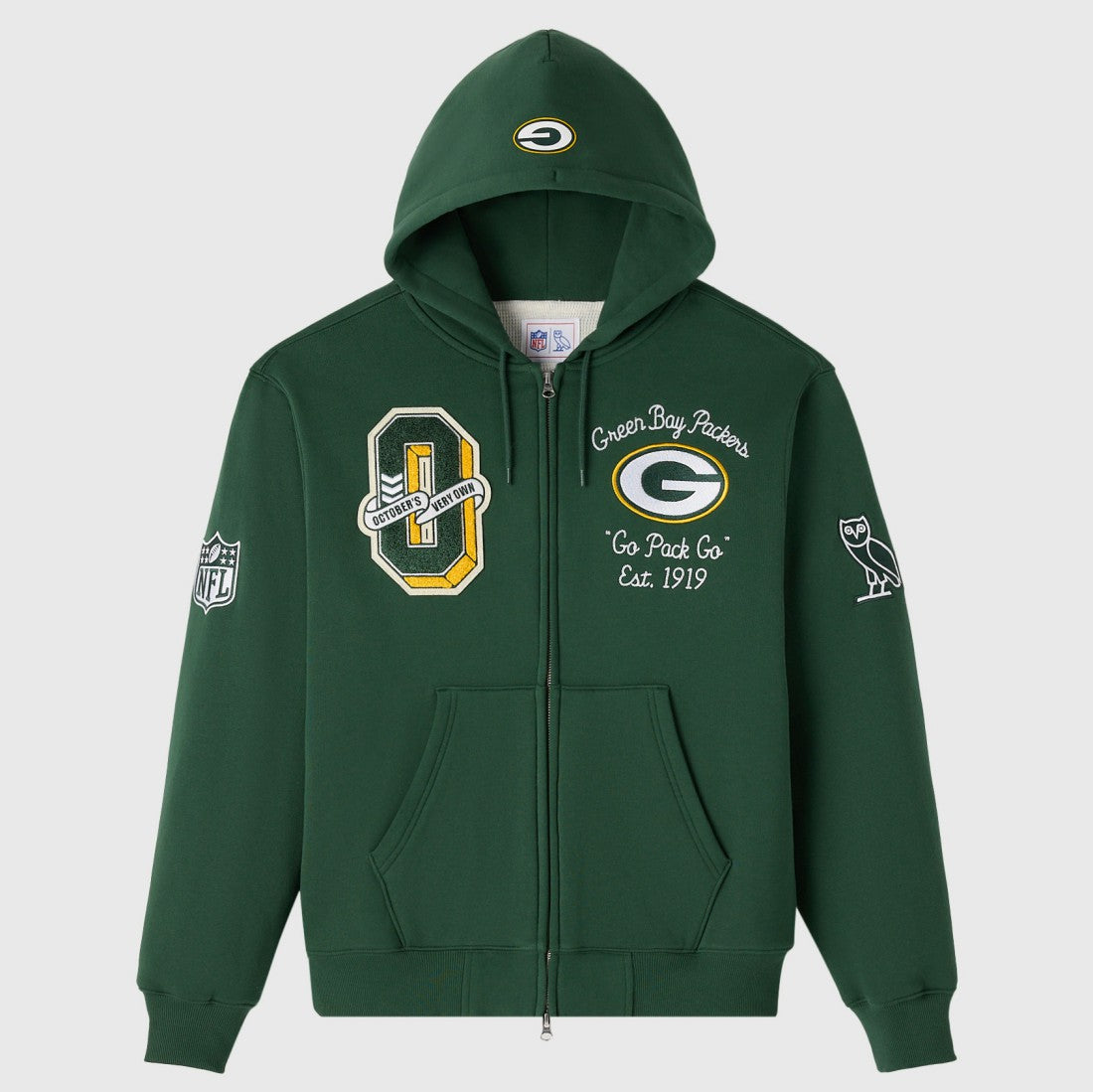 Green Bay Packers OVO x NFL Unisex Full-Zip Waffle-Lined Hoodie - Green Hoodies