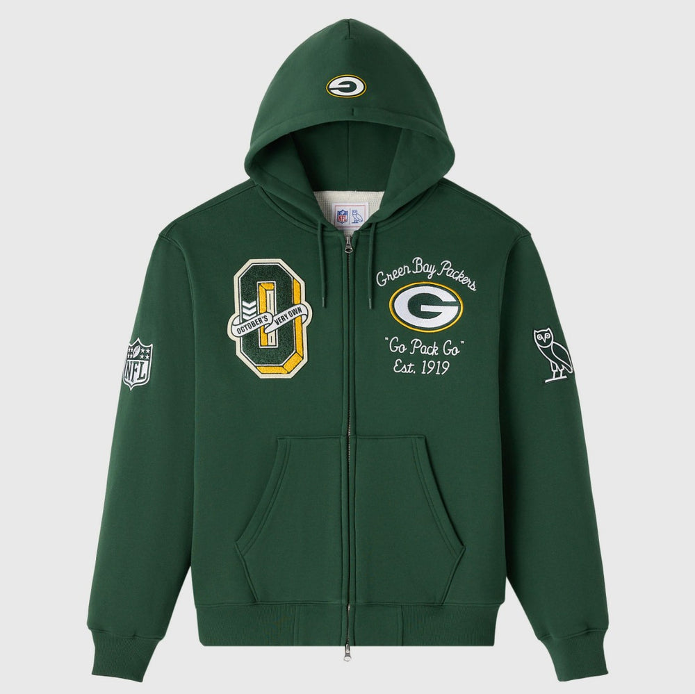 Green Bay Packers OVO x NFL Unisex Full-Zip Waffle-Lined Hoodie - Green Hoodies