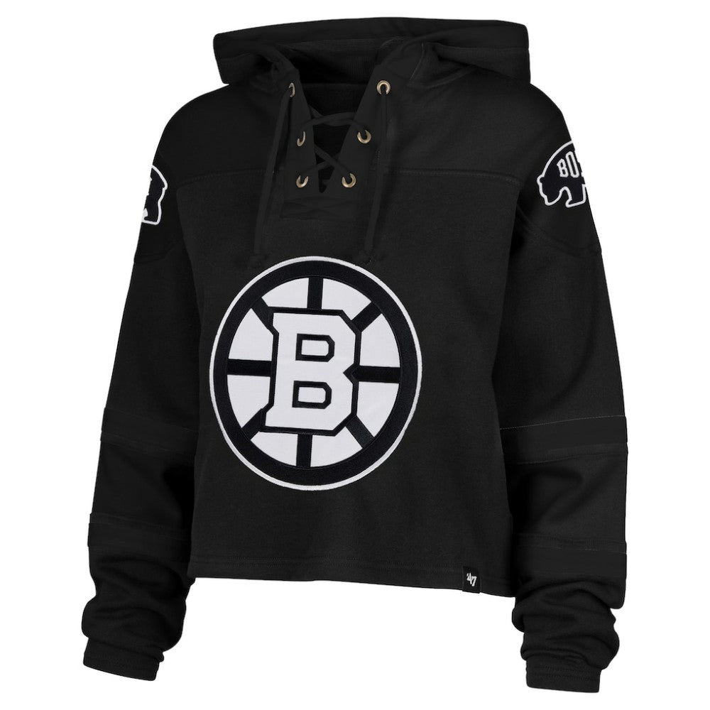 Boston Bruins '47 Women's Cropped Lacer Hoodie - Black | US 203624671