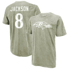 Lamar Jackson Baltimore Ravens Majestic Threads Mineral Wash Name & Number T-Shirt - Moss Green T-shirts
