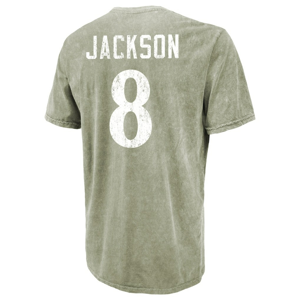 Lamar Jackson Baltimore Ravens Majestic Threads Mineral Wash Name & Number T-Shirt - Moss Green T-shirts