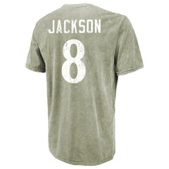Lamar Jackson Baltimore Ravens Majestic Threads Mineral Wash Name & Number T-Shirt - Moss Green T-shirts