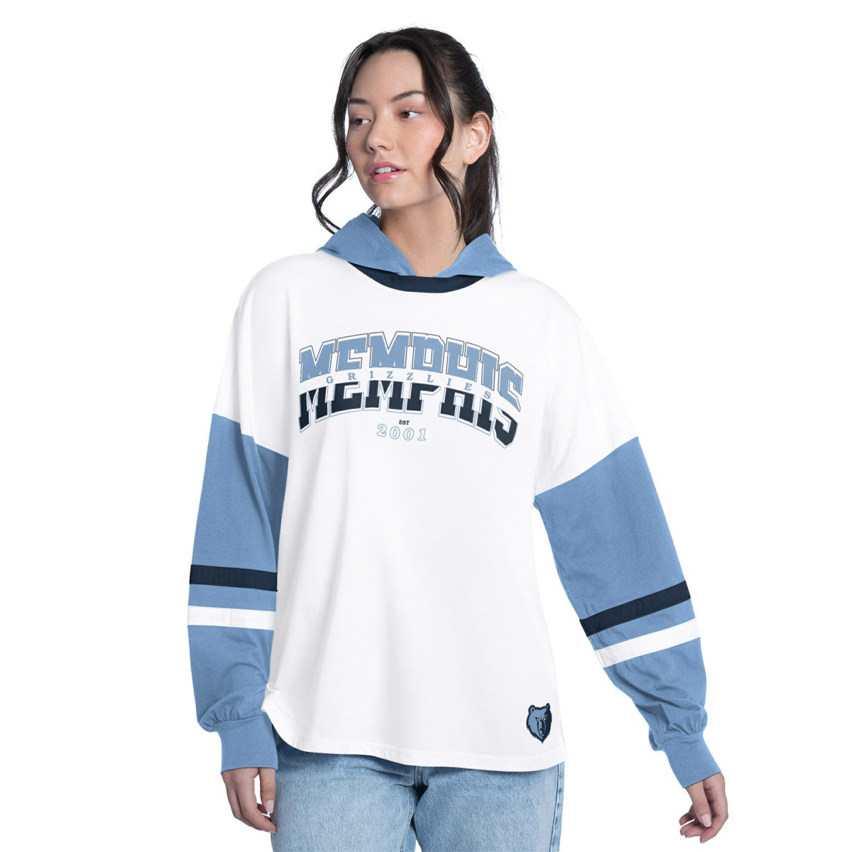 Memphis Grizzlies G-III 4Her by Carl Banks Women's Key Player Oversized Hooded Long Sleeve T-Shirt White/Blue outlet