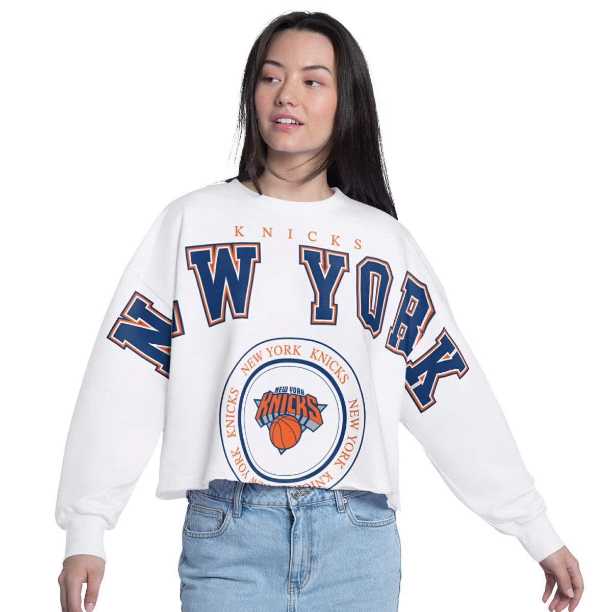 New York Knicks G-III 4Her by Carl Banks Women's Bleachers Cropped French Terry Sweatshirt White outlet