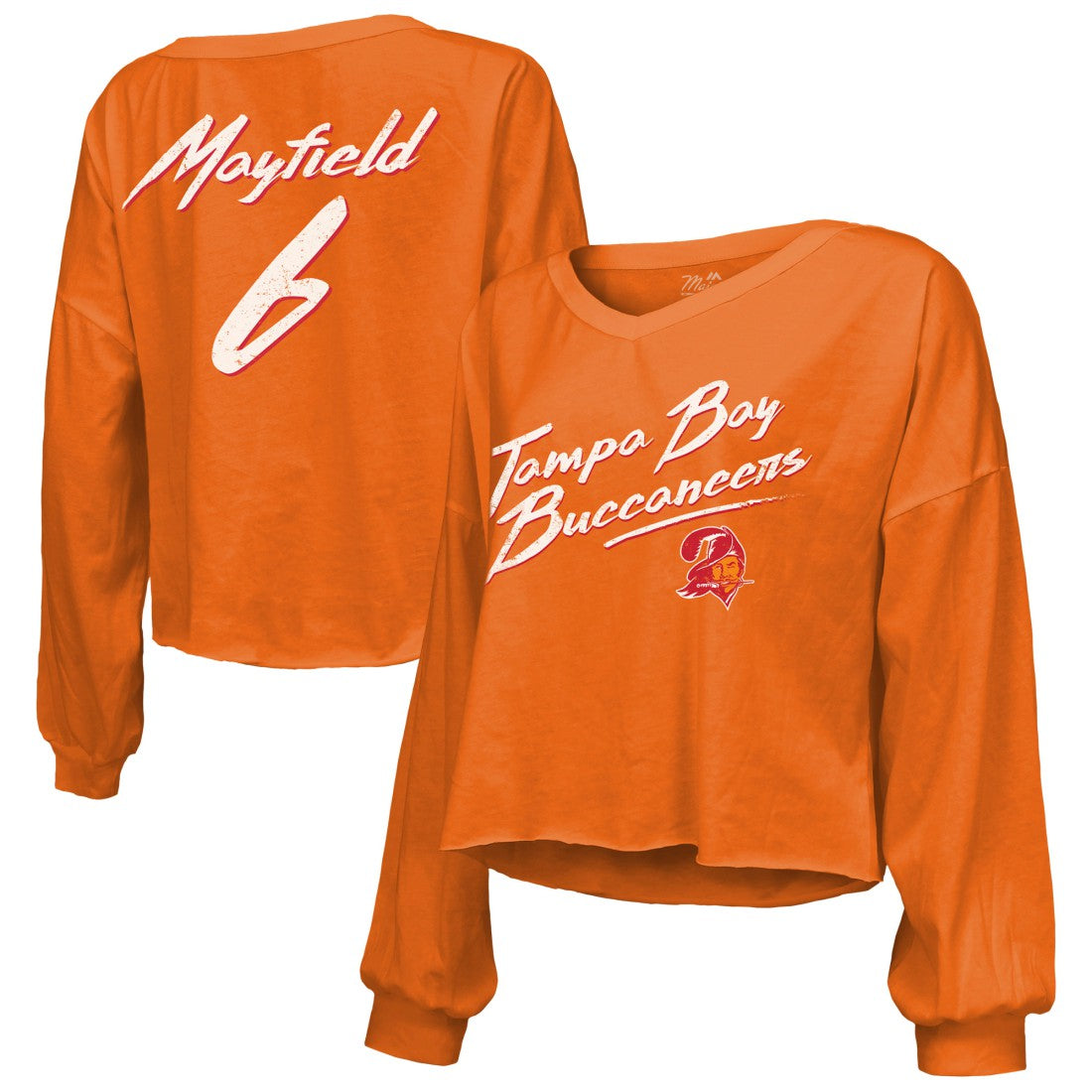 Baker Mayfield Tampa Bay Buccaneers Majestic Threads Women's Off-Shoulder Script Name & Number V-Neck T-Shirt - Orange T-shirts