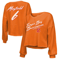Baker Mayfield Tampa Bay Buccaneers Majestic Threads Women's Off-Shoulder Script Name & Number V-Neck T-Shirt - Orange T-shirts