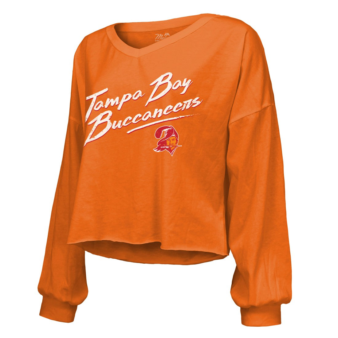 Baker Mayfield Tampa Bay Buccaneers Majestic Threads Women's Off-Shoulder Script Name & Number V-Neck T-Shirt - Orange T-shirts