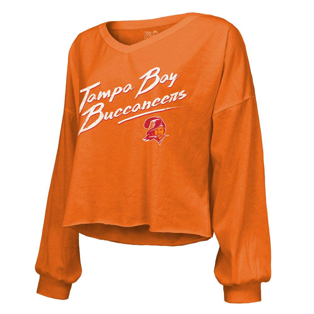 Baker Mayfield Tampa Bay Buccaneers Majestic Threads Women's Off-Shoulder Script Name & Number V-Neck T-Shirt - Orange T-shirts