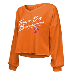 Baker Mayfield Tampa Bay Buccaneers Majestic Threads Women's Off-Shoulder Script Name & Number V-Neck T-Shirt - Orange T-shirts