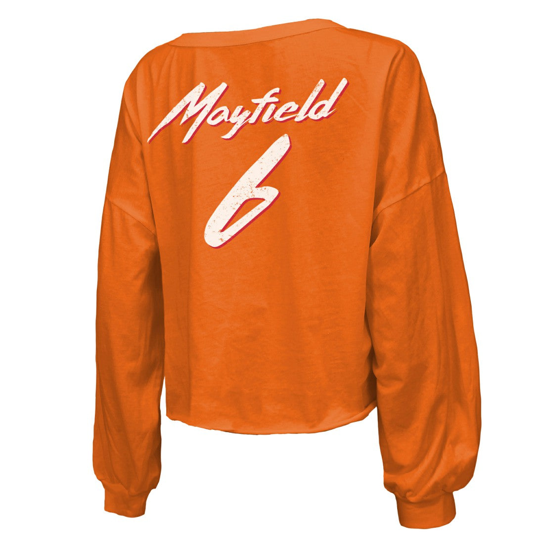 Baker Mayfield Tampa Bay Buccaneers Majestic Threads Women's Off-Shoulder Script Name & Number V-Neck T-Shirt - Orange T-shirts