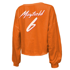Baker Mayfield Tampa Bay Buccaneers Majestic Threads Women's Off-Shoulder Script Name & Number V-Neck T-Shirt - Orange T-shirts