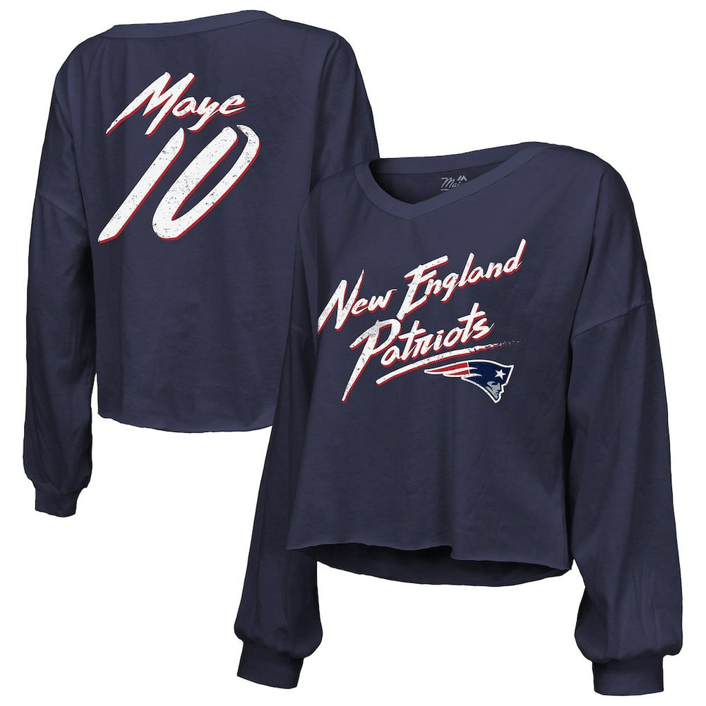 Drake Maye New England Patriots Majestic Threads Women's Off-Shoulder Script Name & Number V-Neck T-Shirt - Navy T-shirts