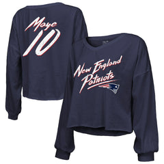 Drake Maye New England Patriots Majestic Threads Women's Off-Shoulder Script Name & Number V-Neck T-Shirt - Navy T-shirts