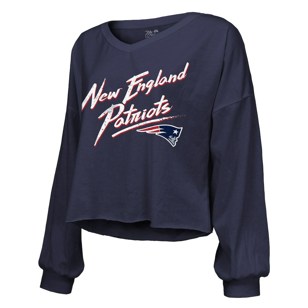 Drake Maye New England Patriots Majestic Threads Women's Off-Shoulder Script Name & Number V-Neck T-Shirt - Navy T-shirts