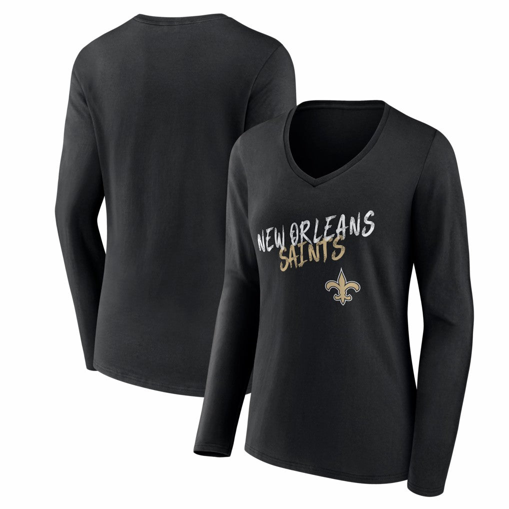 New Orleans Saints Women's Hustle Long Sleeve V-Neck T-Shirt - Black T-shirts
