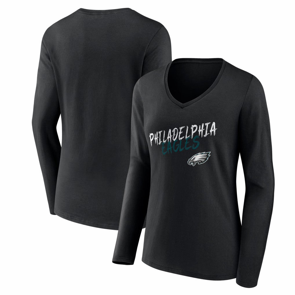 Philadelphia Eagles Women's Hustle Long Sleeve V-Neck T-Shirt - Black T-shirts