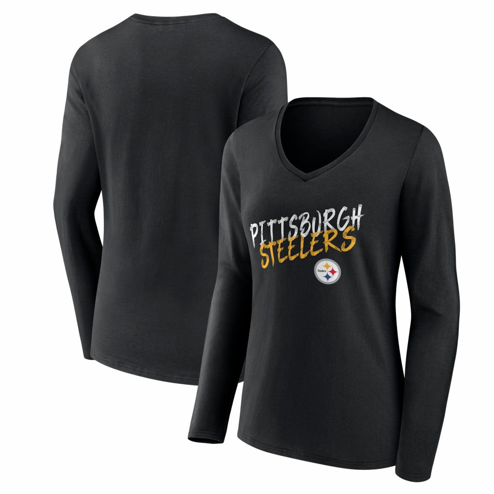 Pittsburgh Steelers Women's Hustle Long Sleeve V-Neck T-Shirt - Black T-shirts