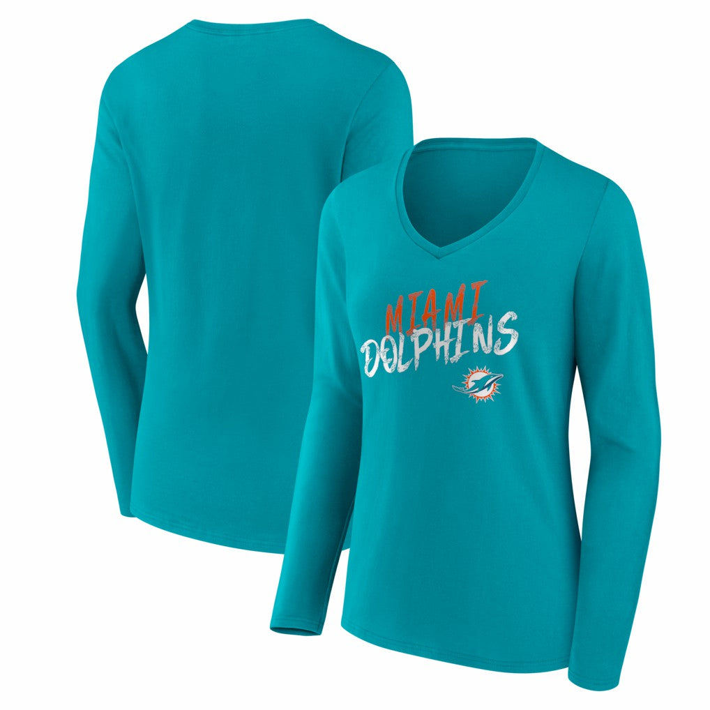 Miami Dolphins Women's Hustle Long Sleeve V-Neck T-Shirt - Aqua T-shirts