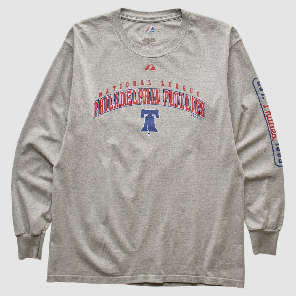 Philadelphia Phillies Majestic 2000s Long Sleeve T-shirt - Heather Gray - Vintage T-shirts