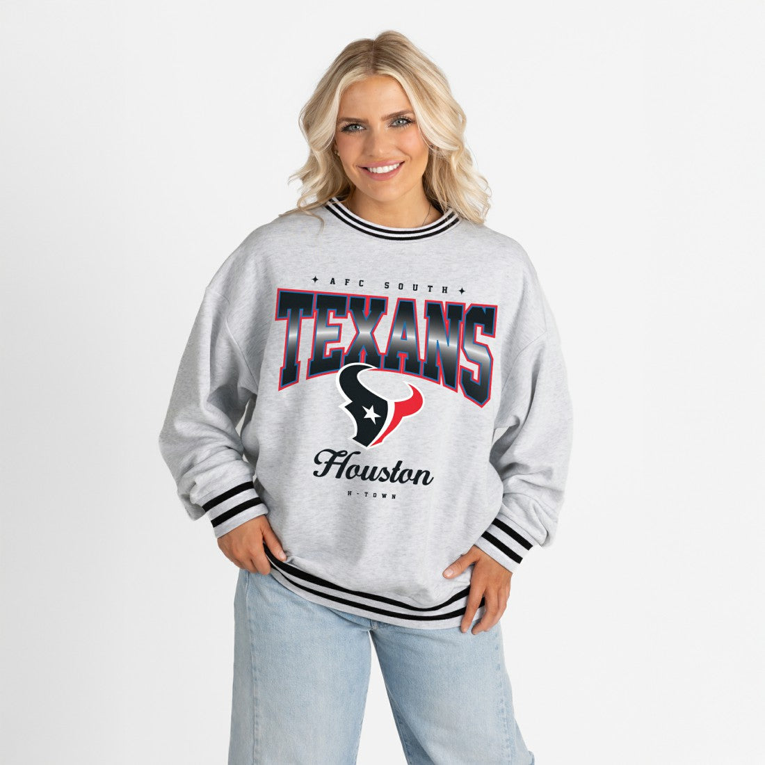 Houston Texans Gameday Couture Women's Oversized Gridiron Drive Ringer Stripe Sweatshirt - Ash/Black Sweatshirts