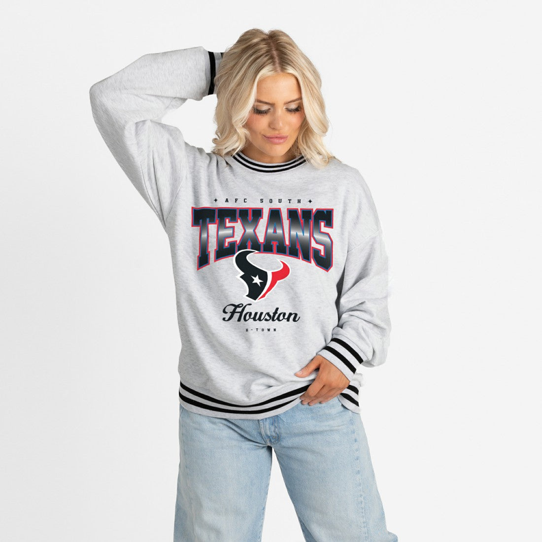 Houston Texans Gameday Couture Women's Oversized Gridiron Drive Ringer Stripe Sweatshirt - Ash/Black Sweatshirts