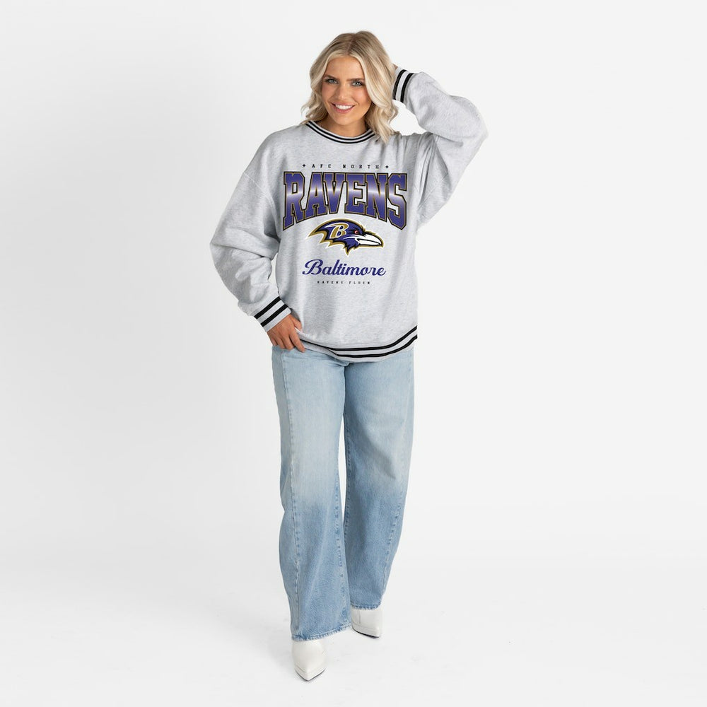 Baltimore Ravens Gameday Couture Women's Oversized Gridiron Drive Ringer Stripe Sweatshirt - Ash/Black Sweatshirts