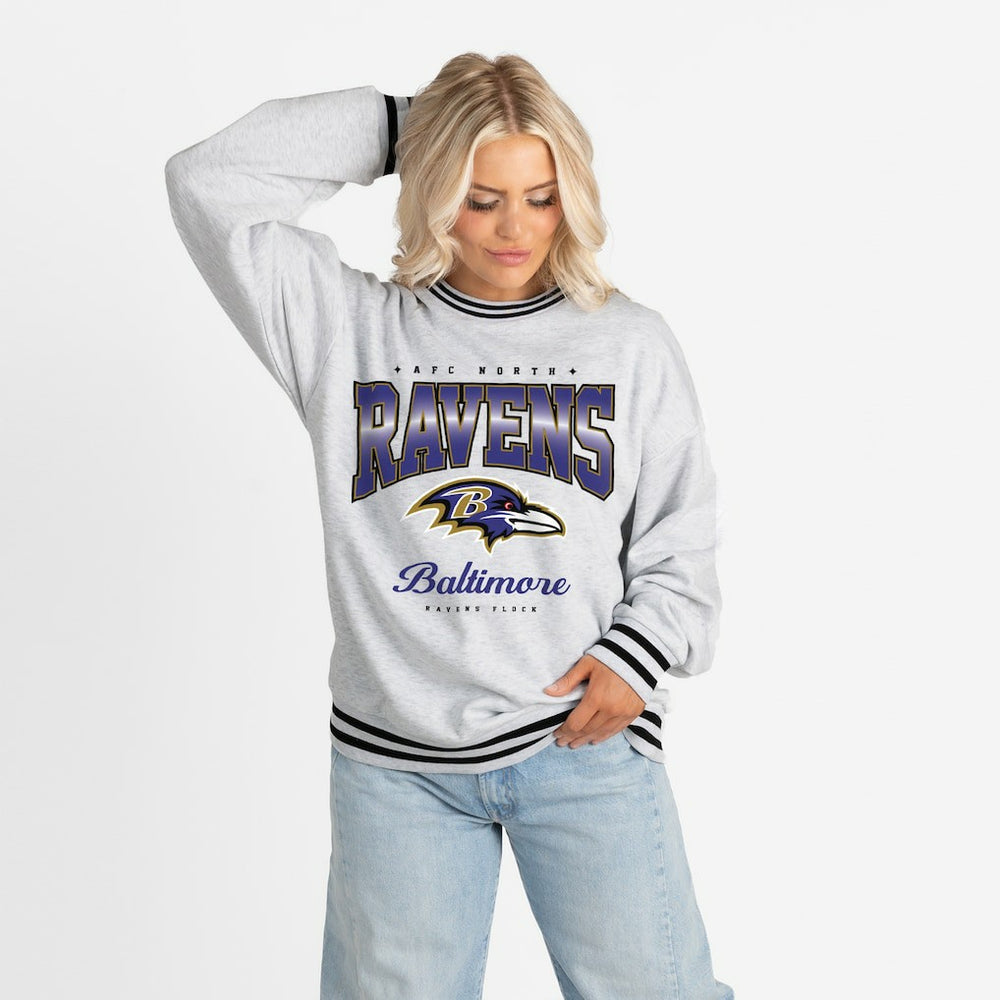 Baltimore Ravens Gameday Couture Women's Oversized Gridiron Drive Ringer Stripe Sweatshirt - Ash/Black Sweatshirts