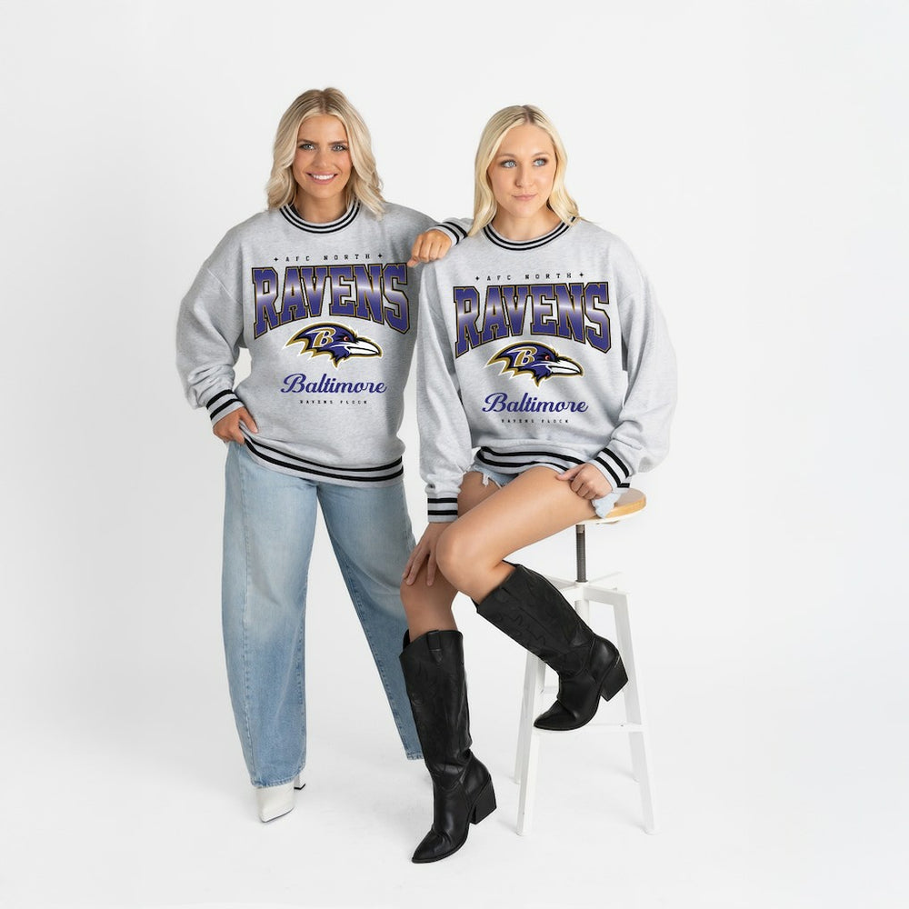 Baltimore Ravens Gameday Couture Women's Oversized Gridiron Drive Ringer Stripe Sweatshirt - Ash/Black Sweatshirts