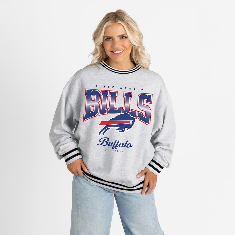 Buffalo Bills Gameday Couture Women's Oversized Gridiron Drive Ringer Stripe Sweatshirt - Ash/Black Sweatshirts