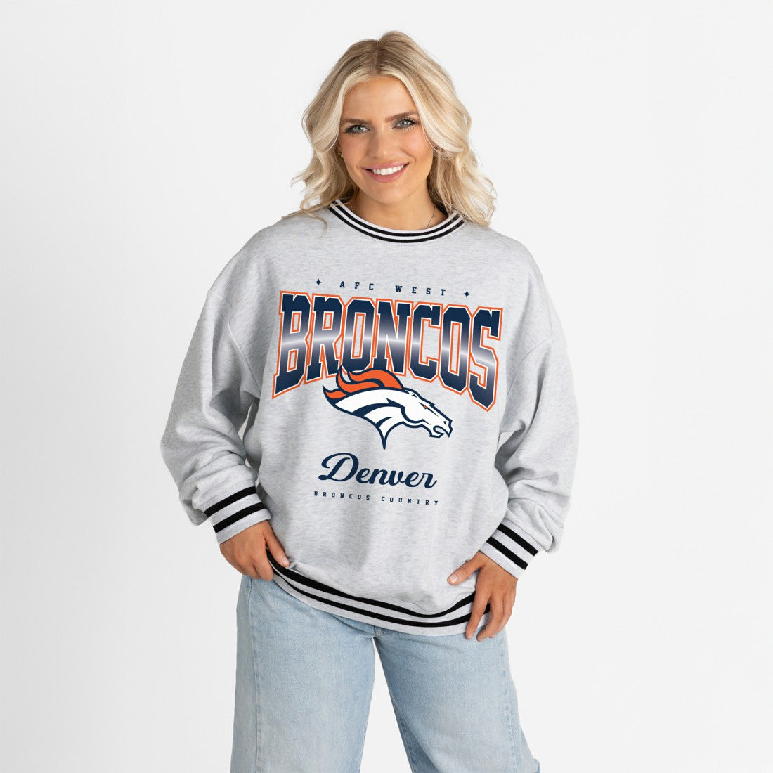 Denver Broncos Gameday Couture Women's Oversized Gridiron Drive Ringer Stripe Sweatshirt - Ash/Black Sweatshirts
