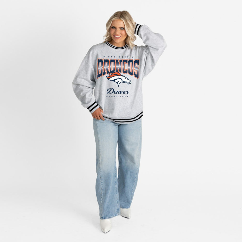 Denver Broncos Gameday Couture Women's Oversized Gridiron Drive Ringer Stripe Sweatshirt - Ash/Black Sweatshirts