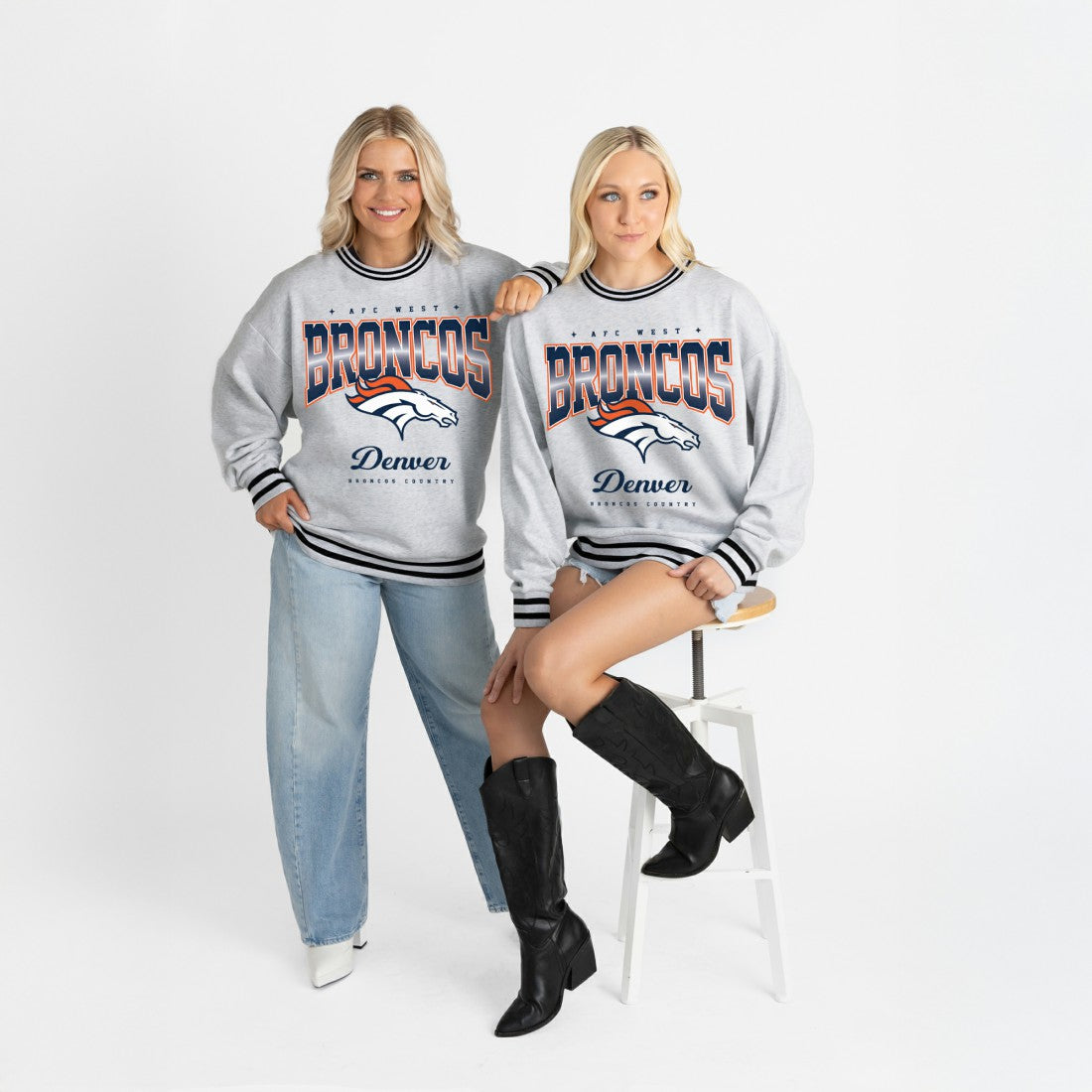 Denver Broncos Gameday Couture Women's Oversized Gridiron Drive Ringer Stripe Sweatshirt - Ash/Black Sweatshirts
