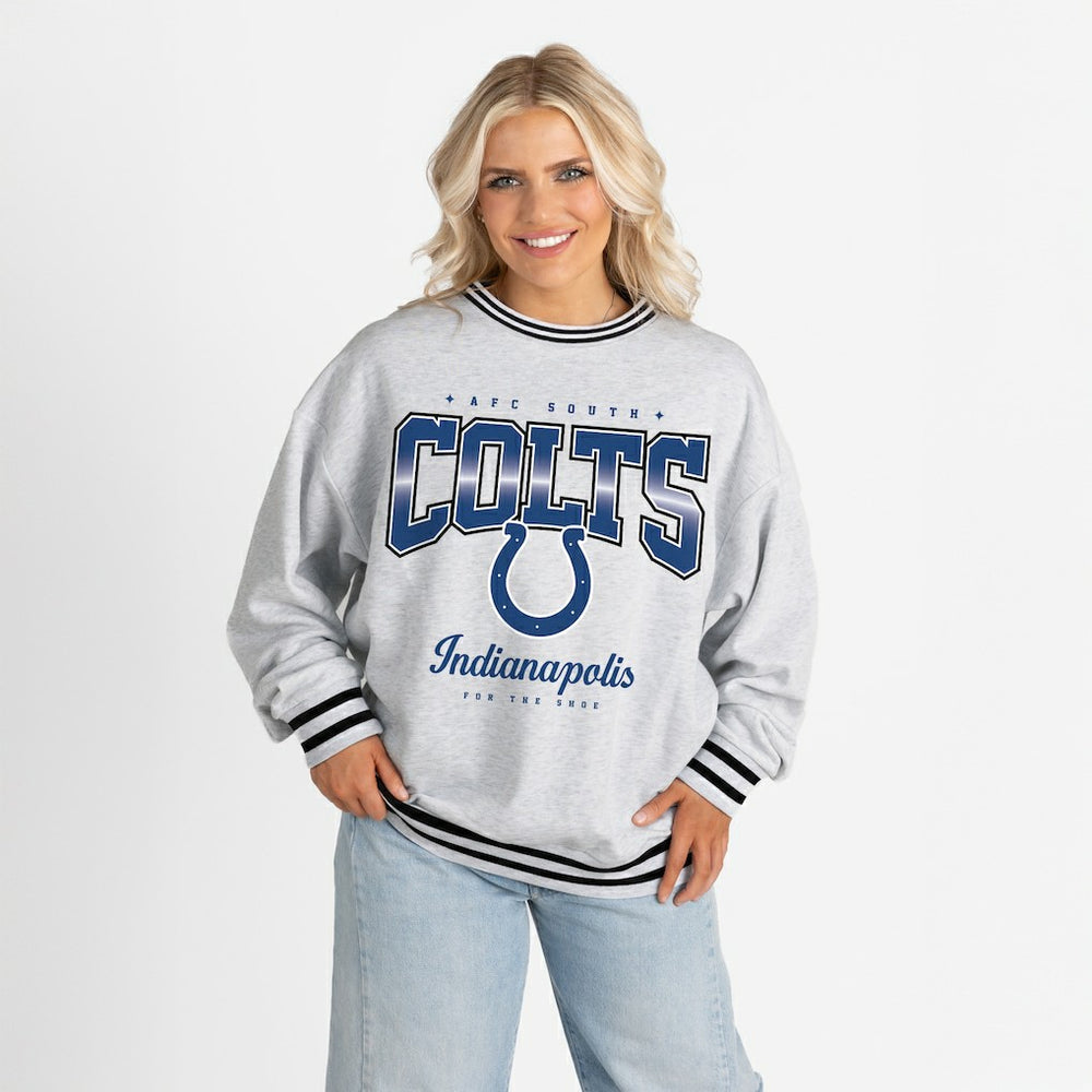 Indianapolis Colts Gameday Couture Women's Oversized Gridiron Drive Ringer Stripe Sweatshirt - Ash/Black Sweatshirts
