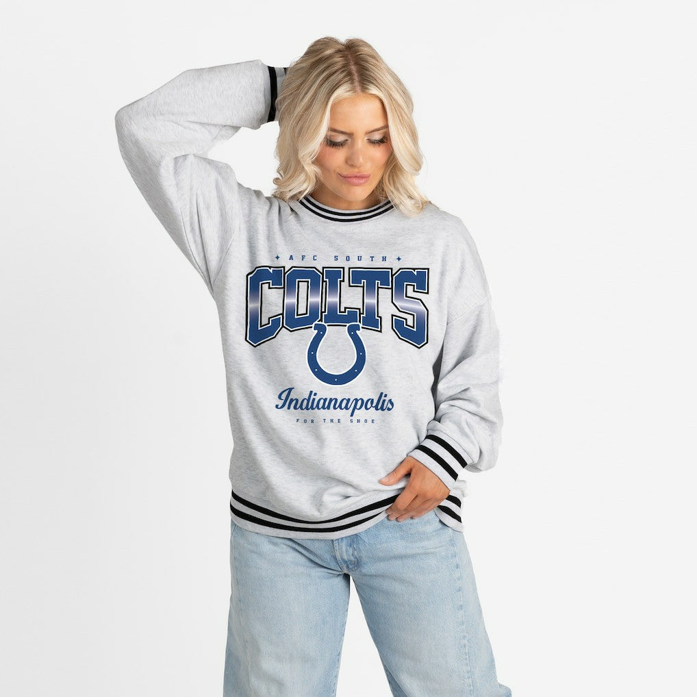 Indianapolis Colts Gameday Couture Women's Oversized Gridiron Drive Ringer Stripe Sweatshirt - Ash/Black Sweatshirts
