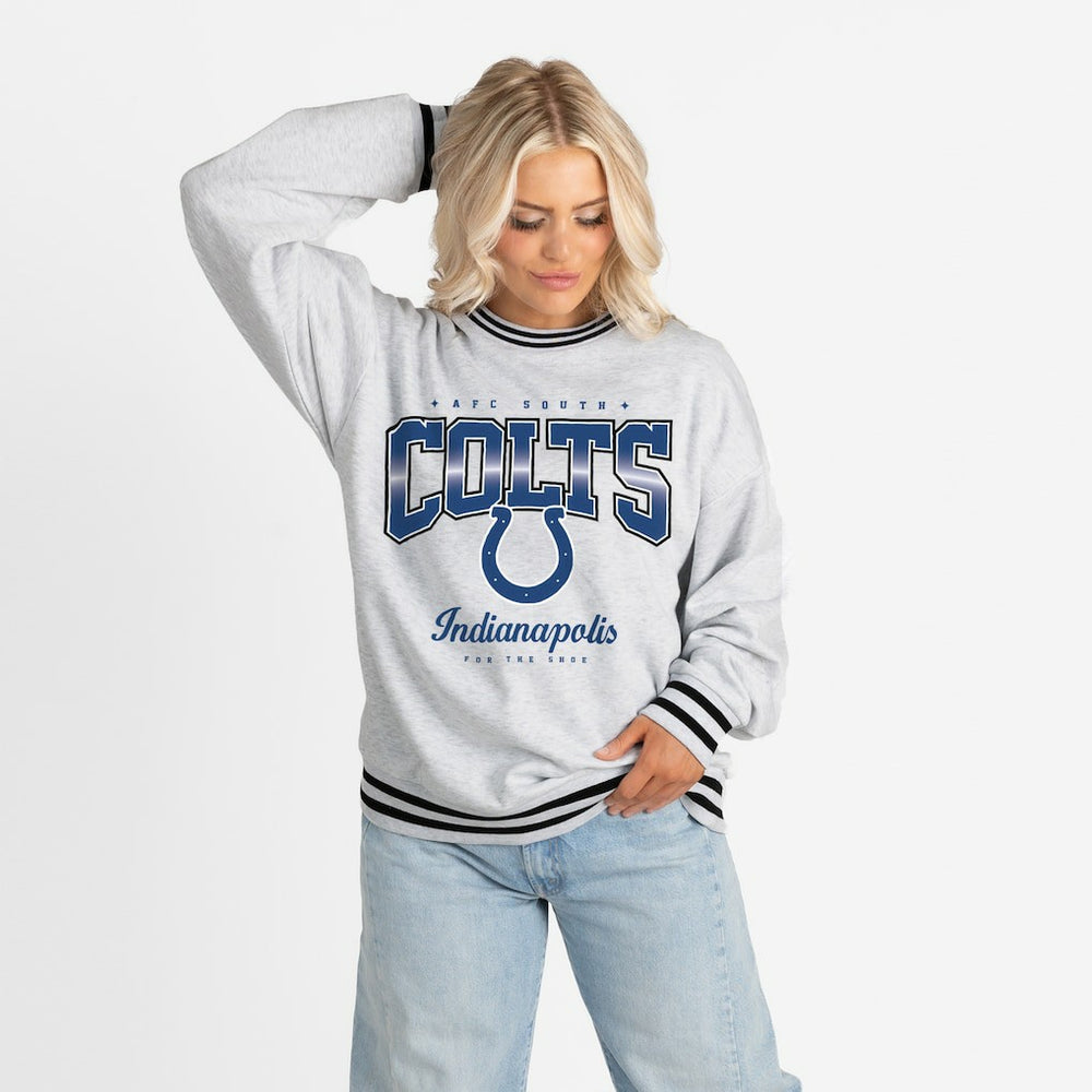 Indianapolis Colts Gameday Couture Women's Oversized Gridiron Drive Ringer Stripe Sweatshirt - Ash/Black Sweatshirts