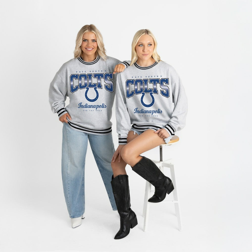 Indianapolis Colts Gameday Couture Women's Oversized Gridiron Drive Ringer Stripe Sweatshirt - Ash/Black Sweatshirts