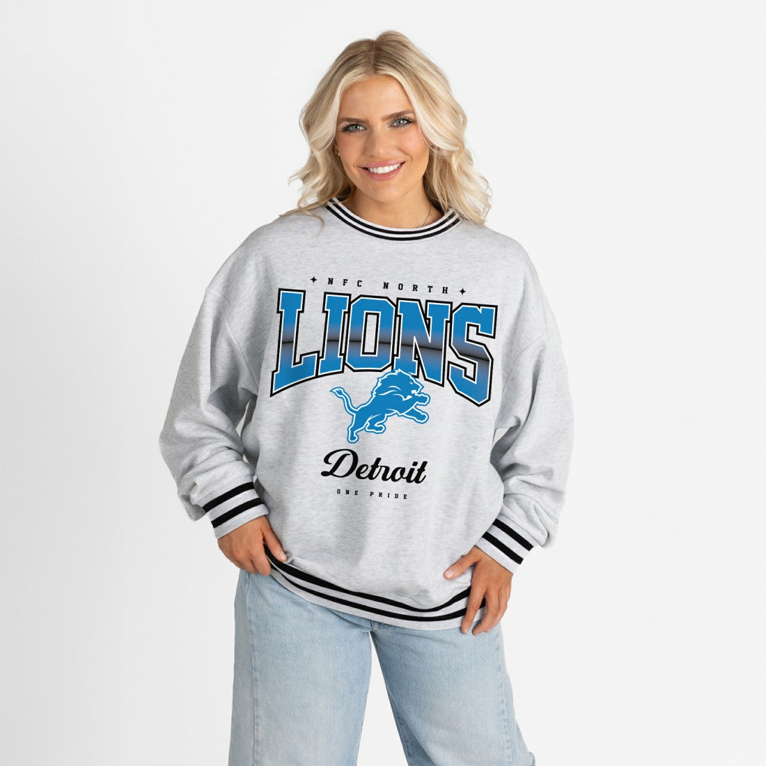 Detroit Lions Gameday Couture Women's Oversized Gridiron Drive Ringer Stripe Sweatshirt - Ash/Black Sweatshirts