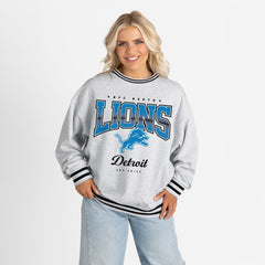 Detroit Lions Gameday Couture Women's Oversized Gridiron Drive Ringer Stripe Sweatshirt - Ash/Black Sweatshirts