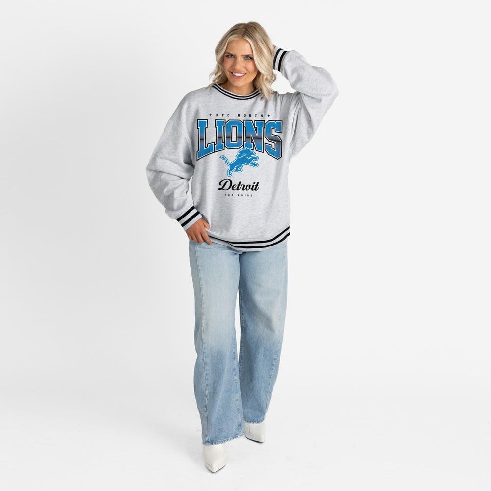 Detroit Lions Gameday Couture Women's Oversized Gridiron Drive Ringer Stripe Sweatshirt - Ash/Black Sweatshirts