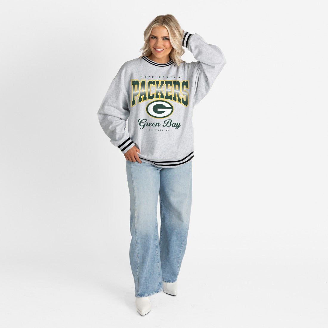 Green Bay Packers Gameday Couture Women's Oversized Gridiron Drive Ringer Stripe Sweatshirt - Ash/Black Sweatshirts